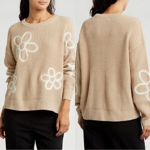 Gemma + Jane Women’s Flower Embroidered Sweater Longsleeve Crewneck in Taupe L